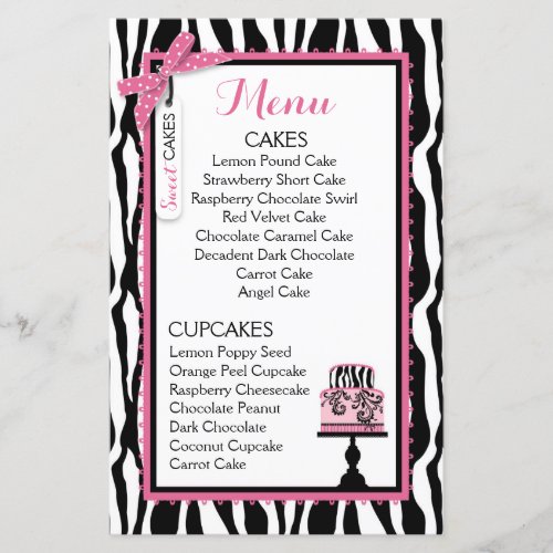 Zebra Print and Cake Bakery Menu Card