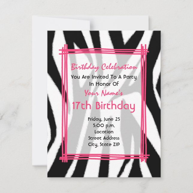 Zebra Print And Hot Pink Fashion Birthday Invite (Front)