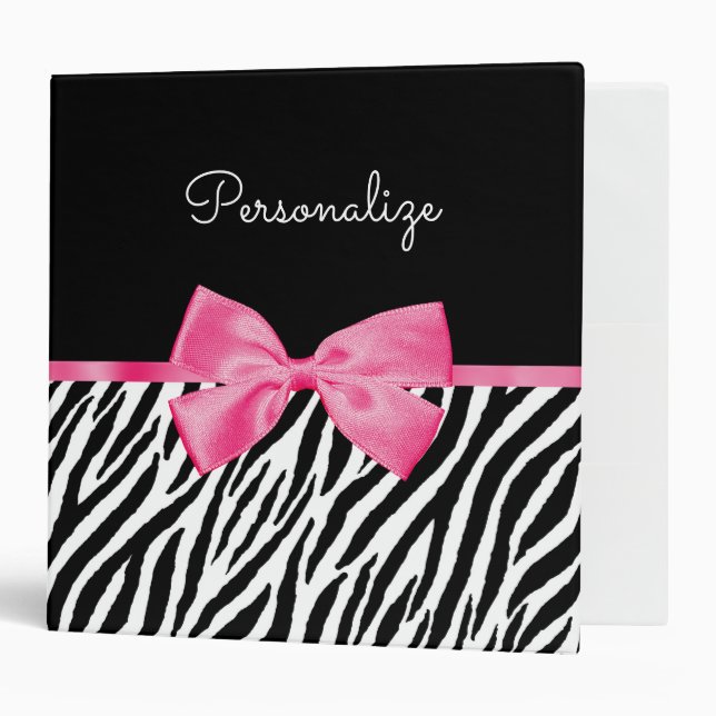 Zebra Print and Pink Bow Glam Design With Name 3 Ring Binder (Front/Inside)