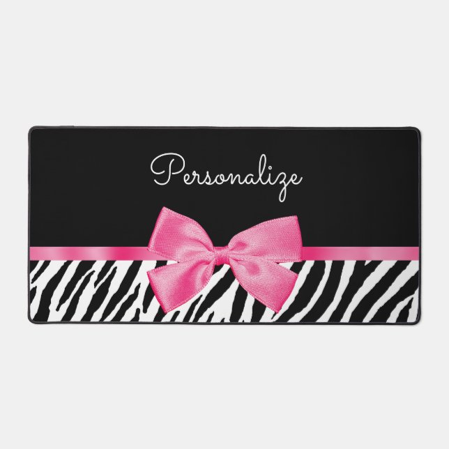 Zebra Print and Pink Bow Glam Design With Name Desk Mat (Front)