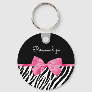 Zebra Print and Pink Bow Glam Design With Name Keychain