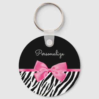 Zebra Print and Pink Bow Glam Design With Name Keychain