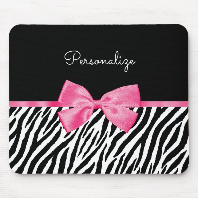 Zebra Print and Pink Bow Glam Design With Name Mouse Pad (Front)