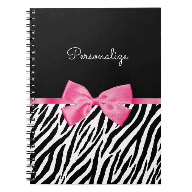 Zebra Print and Pink Bow Glam Design With Name Notebook (Front)