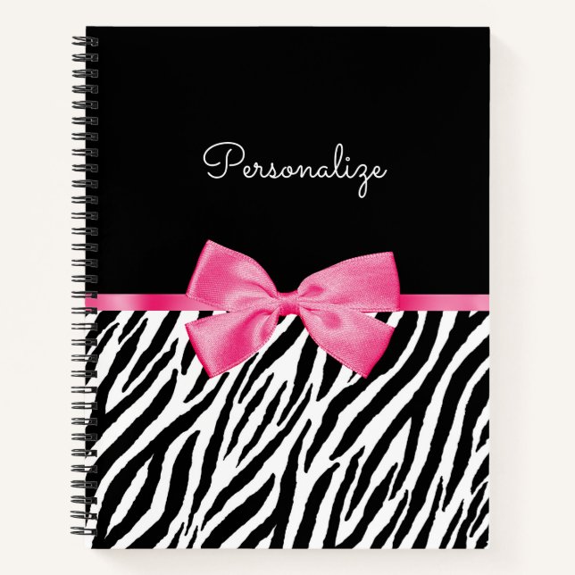 Zebra Print and Pink Bow Glam Design With Name Notebook (Front)