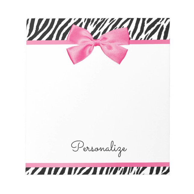 Zebra Print and Pink Bow Glam Design With Name Notepad (Front)
