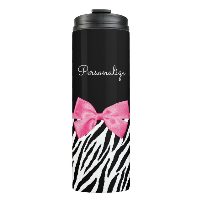 Zebra Print and Pink Bow Glam Design With Name Thermal Tumbler (Front)