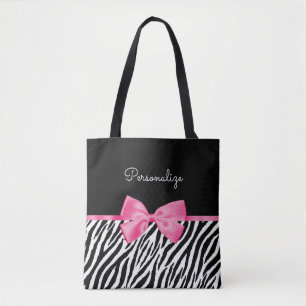 Zebra Print and Pink Bow Glam Design With Name Tote Bag