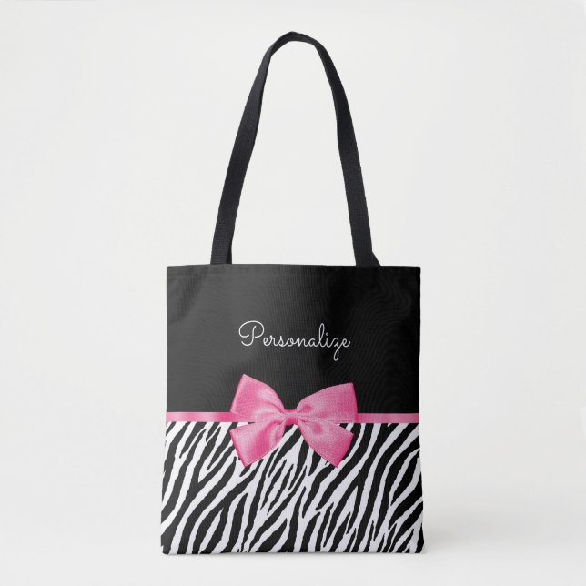 Zebra Print and Pink Bow Glam Design With Name Tote Bag (Front)