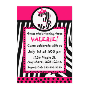 Zebra print and pink diva 3rd birthday invitation