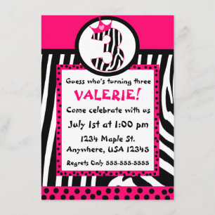 Zebra print and pink diva 3rd birthday invitation