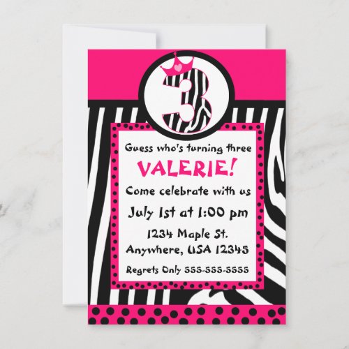 Zebra print and pink diva 3rd birthday invitation