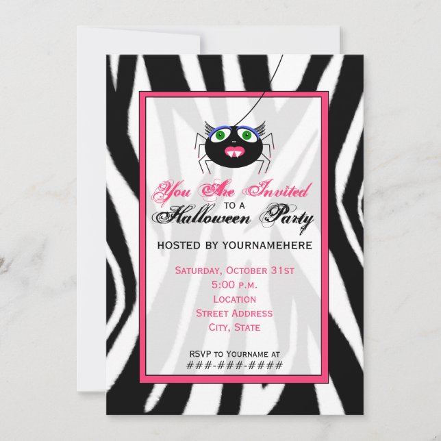 Zebra Print and Pink Girl Spider Halloween Party Invitation (Front)