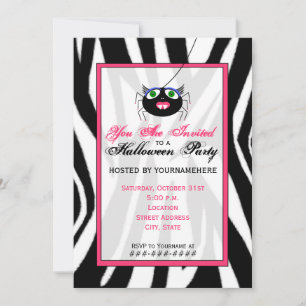 Zebra Print and Pink Girl Spider Halloween Party Invitation