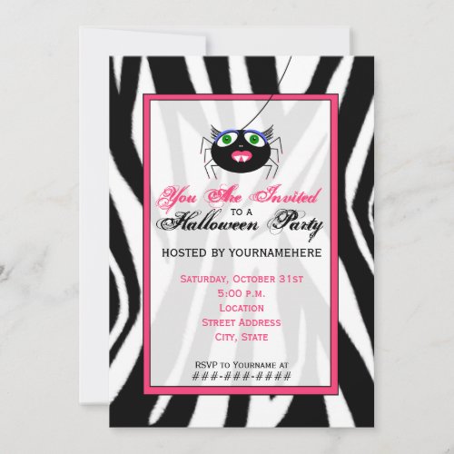 Zebra Print and Pink Girl Spider Halloween Party Custom Announcement