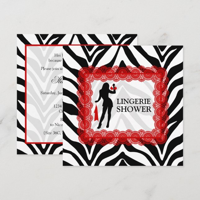 Zebra Print and Red Lace Lingerie Shower Invitation (Front/Back)