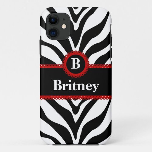 Zebra Print and Red Lace Monogram Name iPhone 11 Case