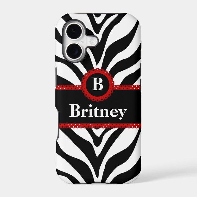 Zebra Print and Red Lace Monogram Name Case-Mate iPhone Case (Back)