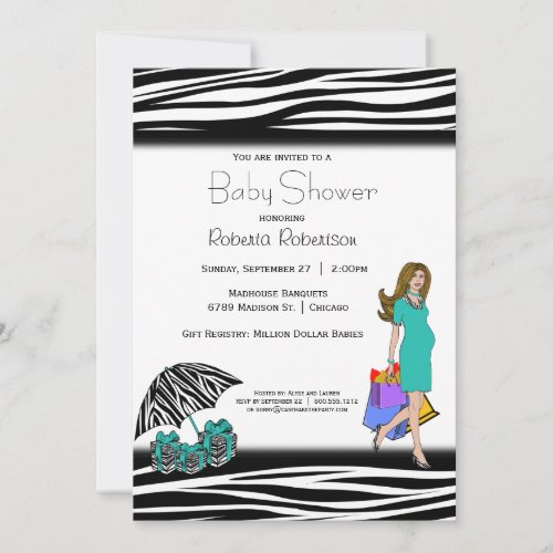 Zebra Print And Teal Shopping Mommy Custom Invitations