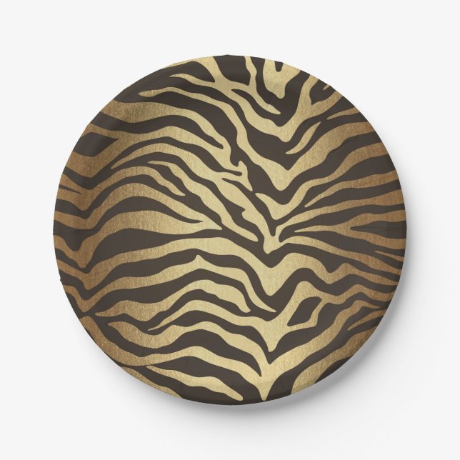 Zebra Print Animal Skin Elegant Modern Glam Gold Paper Plates (Front)