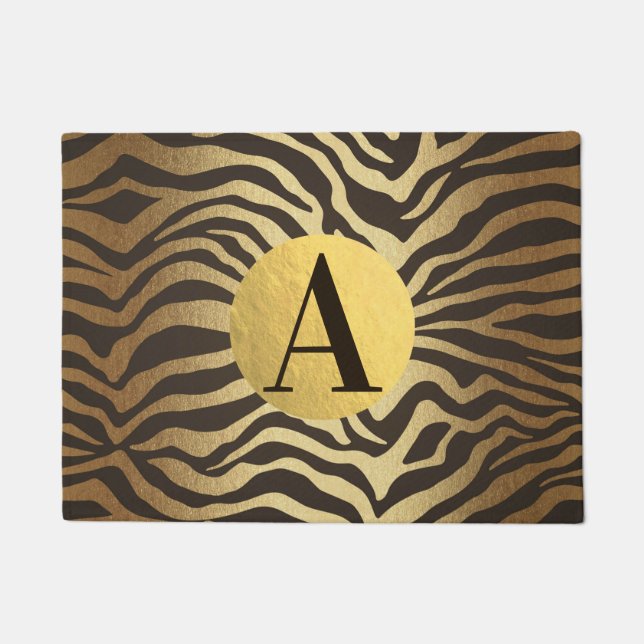 Zebra Print Animal Skin Modern Glam Gold Chic Doormat (Front)