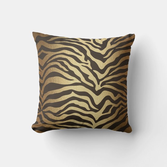 Zebra Print Animal Skin Print Modern Glam Gold Throw Pillow (Front)