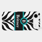 Zebra Print Aqua Lace Monogram Name Case-Mate iPhone Case (Back (Horizontal))