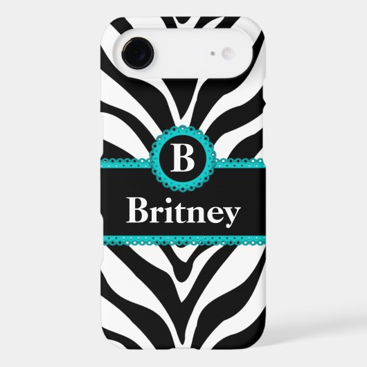 Zebra Print Aqua Lace Monogram Name Case-Mate iPhone Case (Back)
