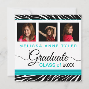 Zebra Print Aqua Photo Graduation Invitation