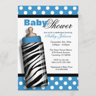 Zebra Print Baby Bottle Blue Baby Shower Invitation