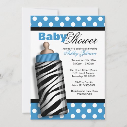 Zebra Print Baby Bottle Blue Baby Shower Personalized Announcement
