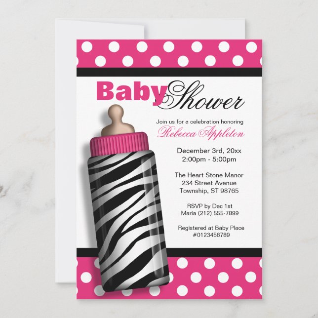Zebra Print Baby Bottle Hot Pink Baby Shower Invitation (Front)