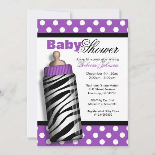 Zebra Print Baby Bottle Purple Baby Shower Personalized Invitation