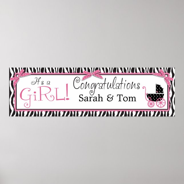 Zebra Print & Baby Carriage Baby Shower Banner (Front)