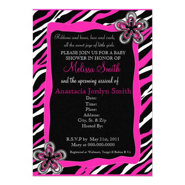 Zebra Print Baby Shower Invitation   Hot Pink