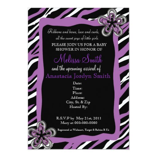 Purple Zebra Print Baby Shower Invitations 2