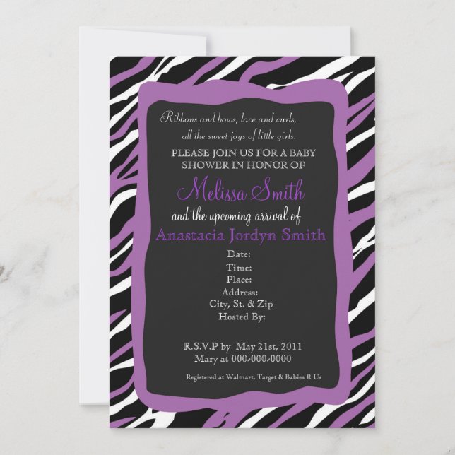 Zebra Print Baby Shower Invitation - Purple (Front)