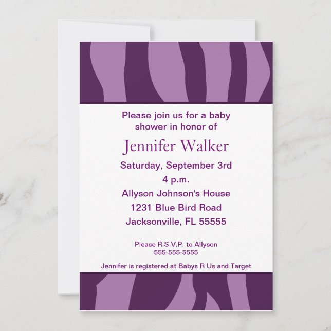 Zebra Print Baby Shower - Purple Invitation (Front)