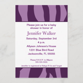 Zebra Print Baby Shower - Purple Invitation