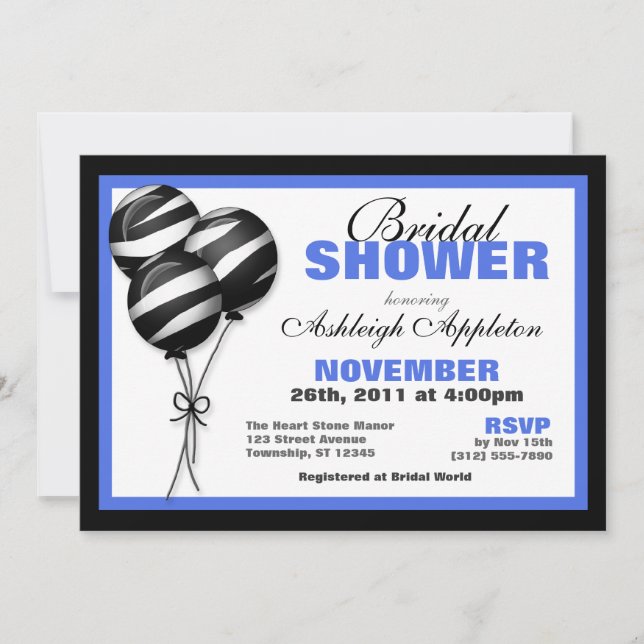 Zebra Print Balloons Blue Bridal Shower Invitation (Front)