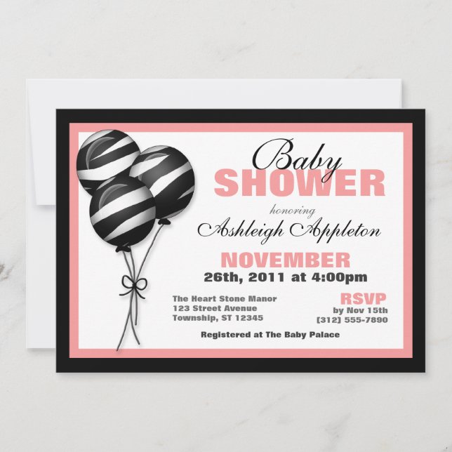 Zebra Print Balloons Pink Baby Shower Invitations (Front)