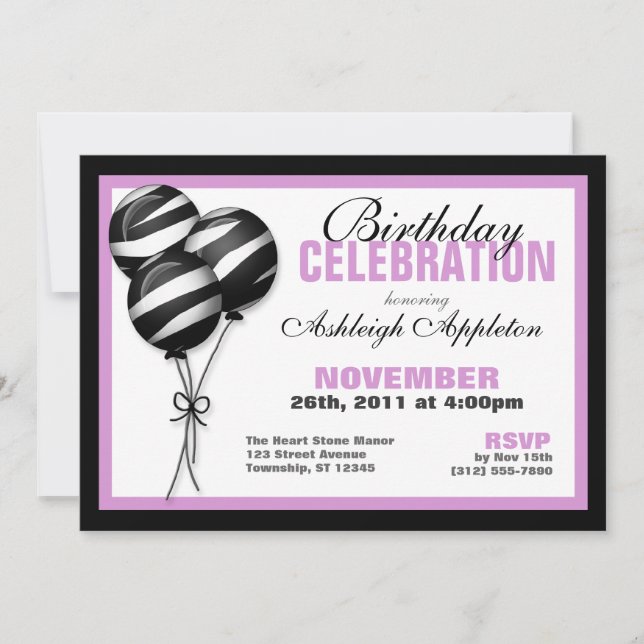 Zebra Print Balloons Purple Birthday Invitations (Front)