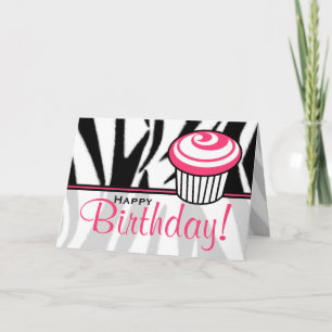 Zebra Print Birthday Card with Pink Cupcake
