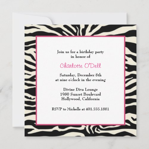 zebra print birthday party personalized invitations