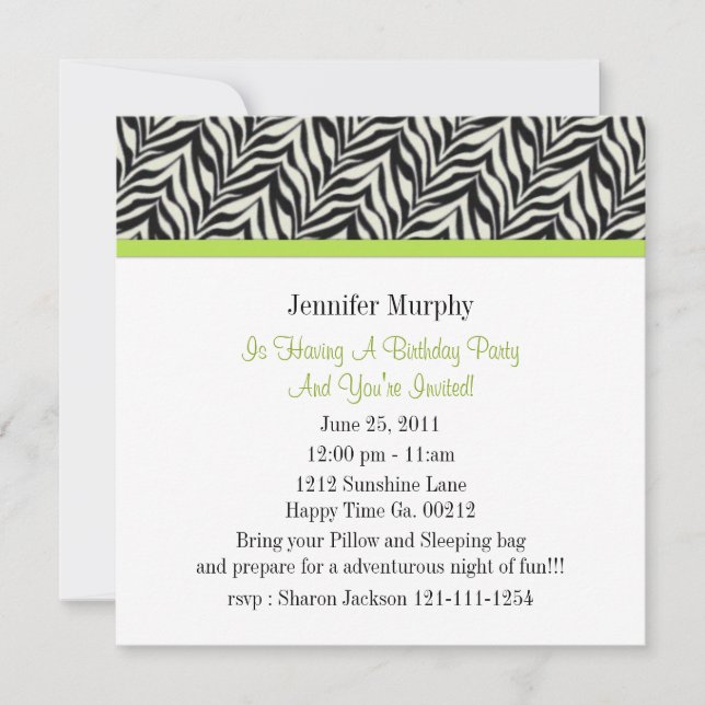 Zebra Print Birthday Party Invitations (Front)