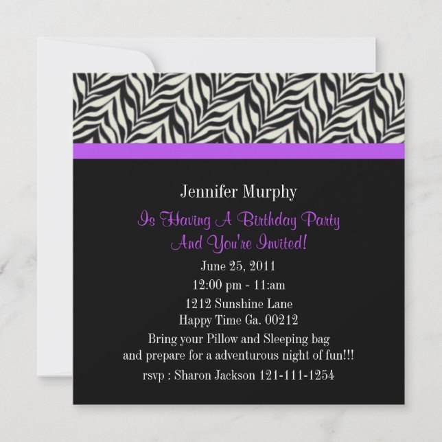 Zebra Print Birthday Party Invitations (Front)