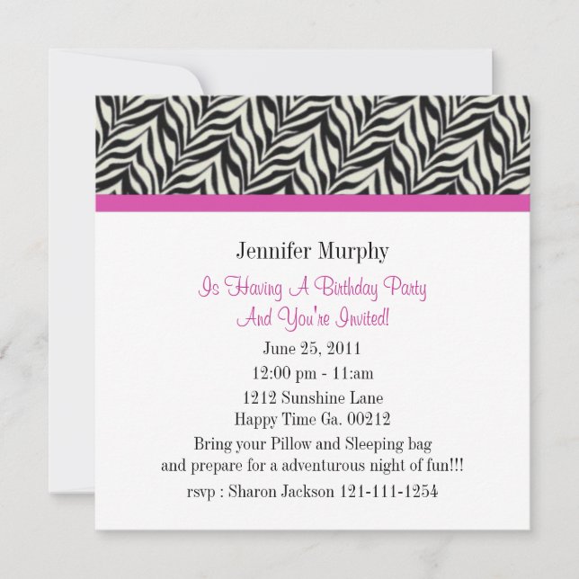 Zebra Print Birthday Party Invitations (Front)