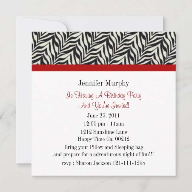 Zebra Print Birthday Party Invitations (Front)