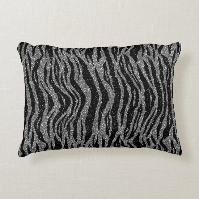 Zebra Print Black and Gray Silver Accent Pillow (Front)