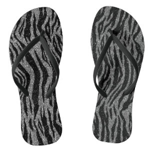 Zebra Print Black and Gray Silver Flip Flops
